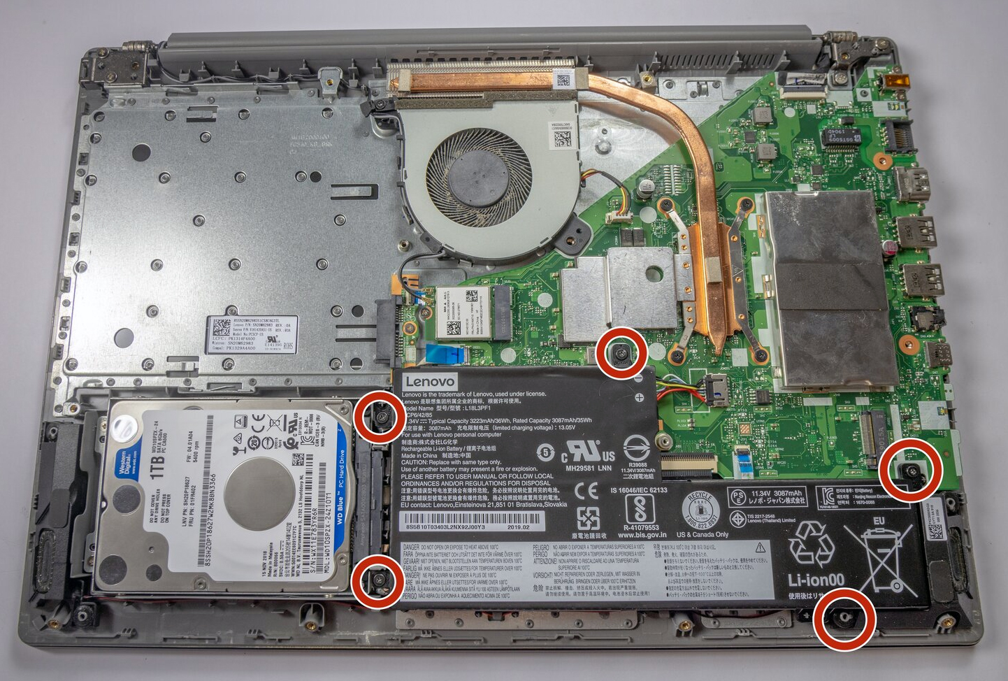 Internal Photo of Lenovo IdeaPad L340-15API, L340-15IRH, L340-15IWL, L340-17API, L340-17IWL, L340E-15IRH, L340E-15IRH, power backlit US keyboard blue (IdeaPad L340-15API)